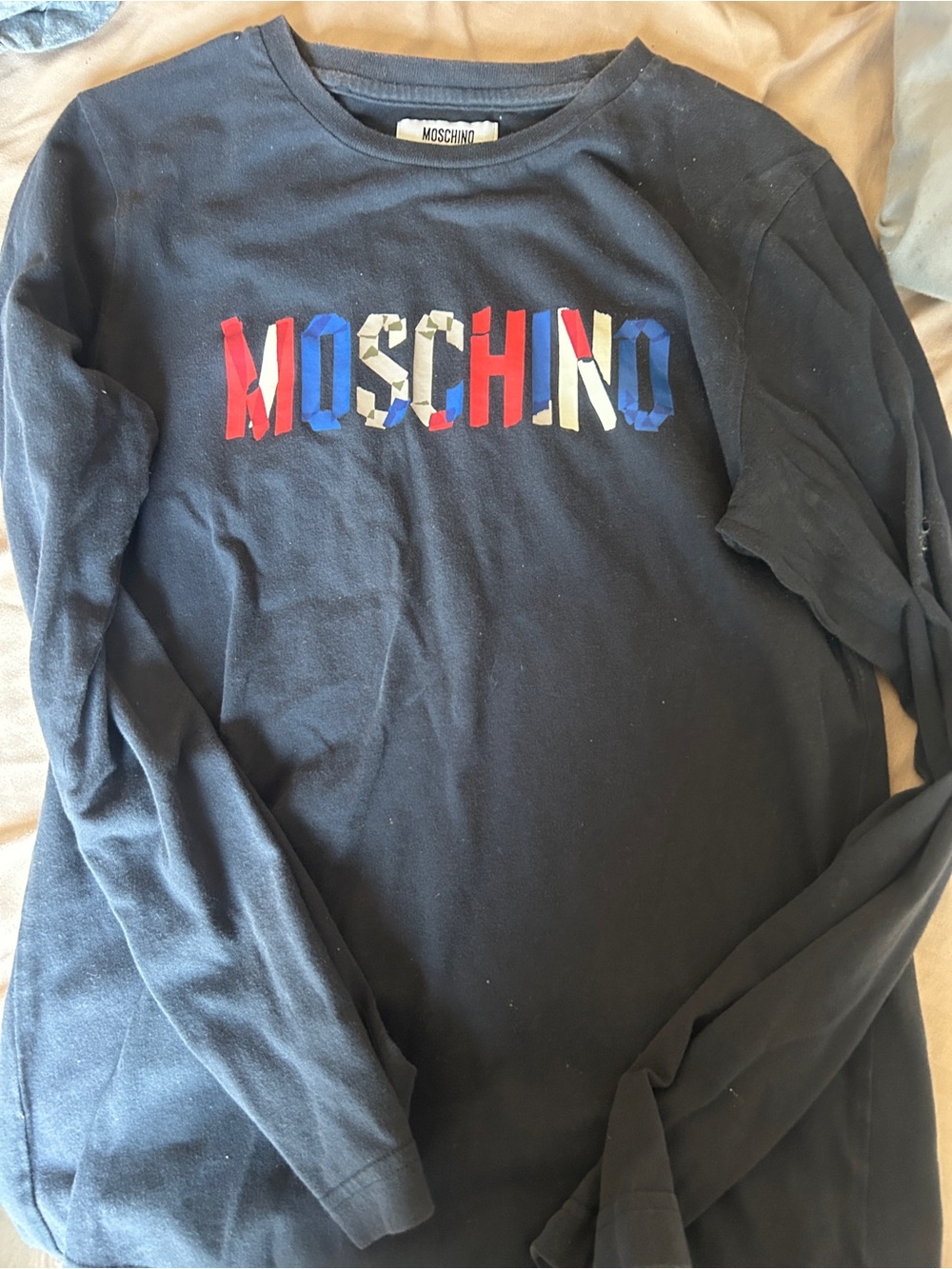 Moschino Black Long-Sleeve Tee with Red, White & Blue Logo